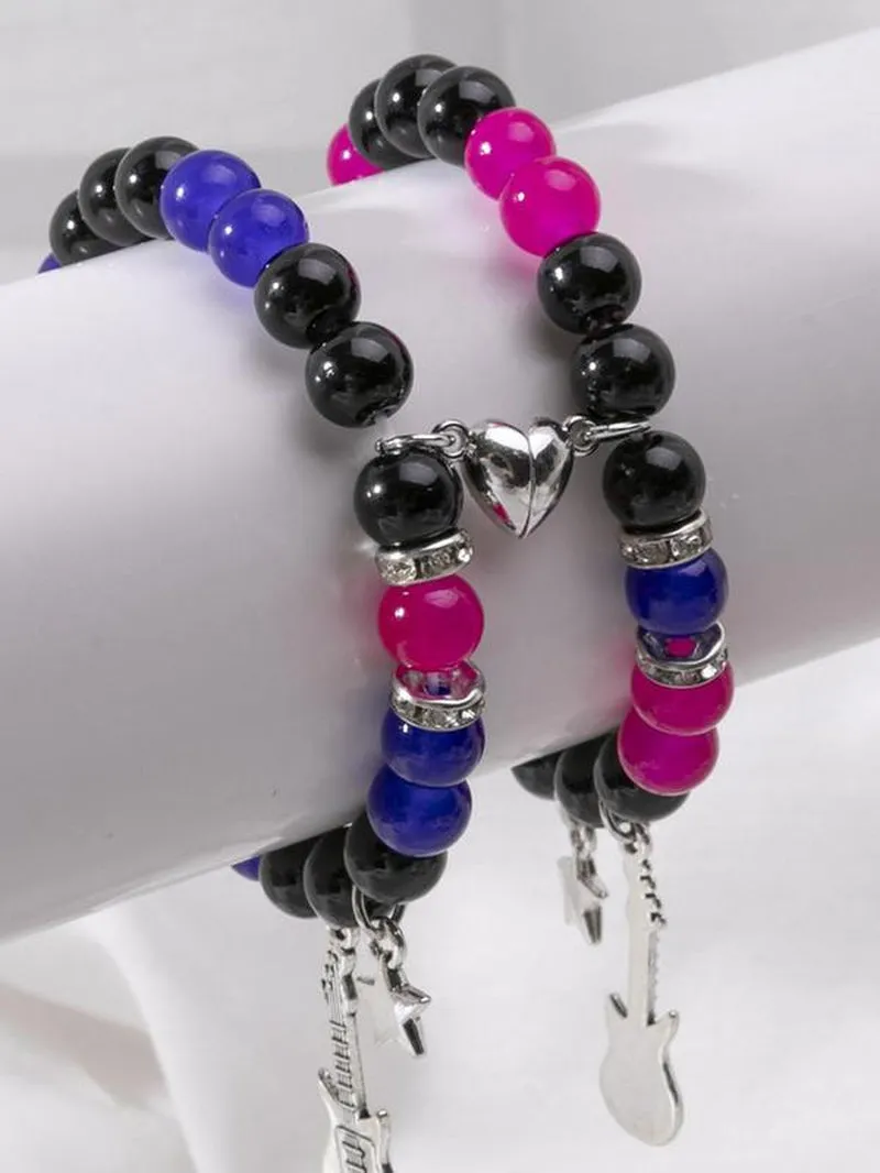 Unisex Street Trend Star & Magnetic Heart Charm Bracelets, 2Pcs/Set Trendy Y2K Guitar Design Bracelets, Chic Colorful Beaded Bracelets for Couple