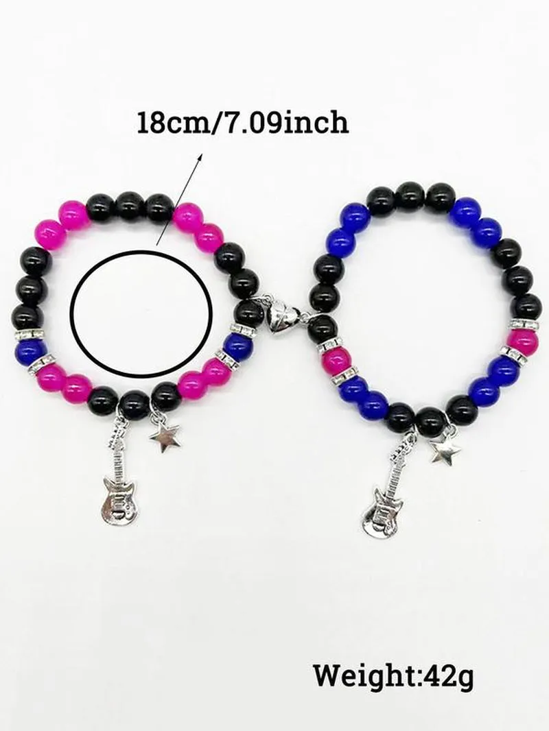 Unisex Street Trend Star & Magnetic Heart Charm Bracelets, 2Pcs/Set Trendy Y2K Guitar Design Bracelets, Chic Colorful Beaded Bracelets for Couple