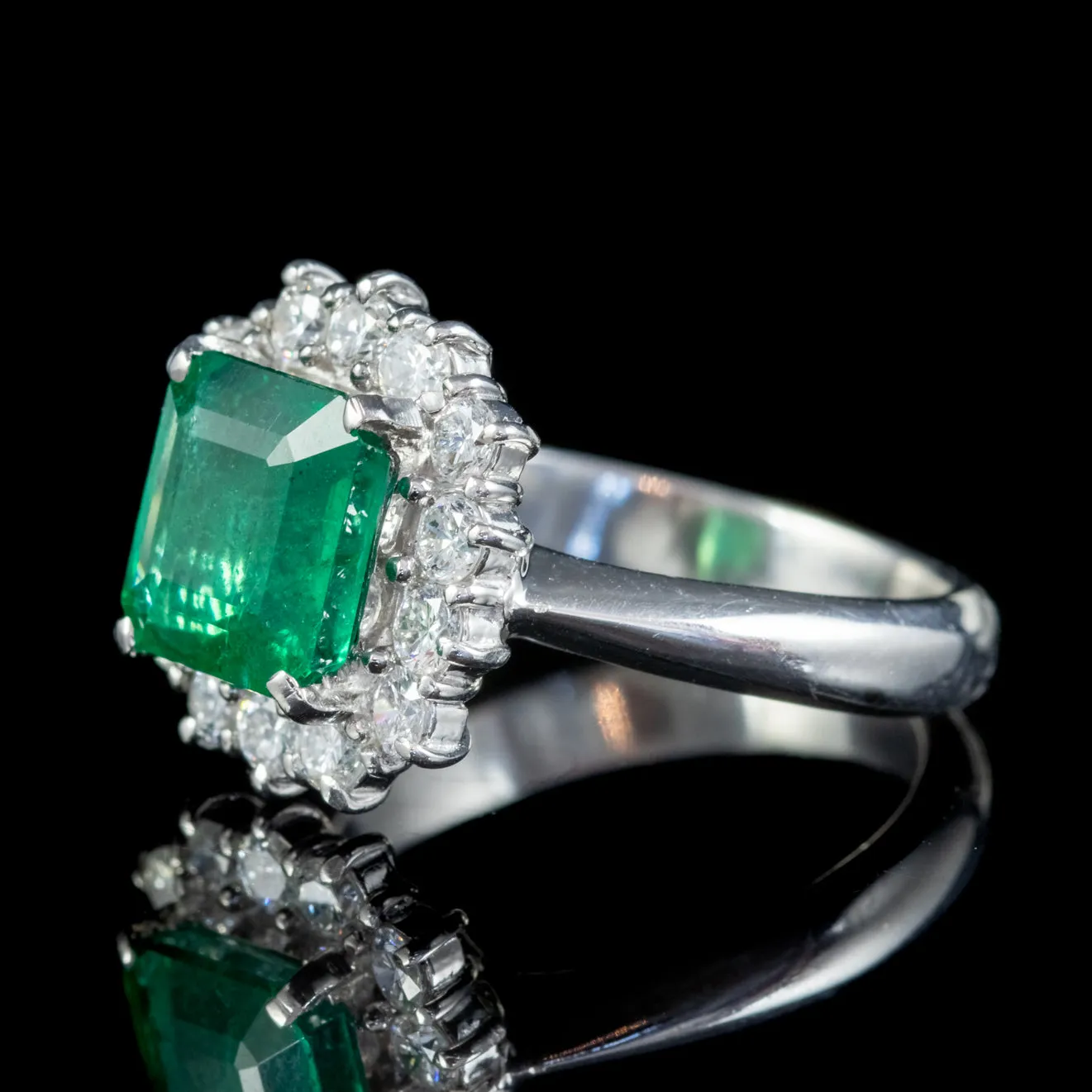 Vintage Emerald Diamond Cluster Ring Platinum 2.85Ct Emerald 0.85Ct Of Diamond