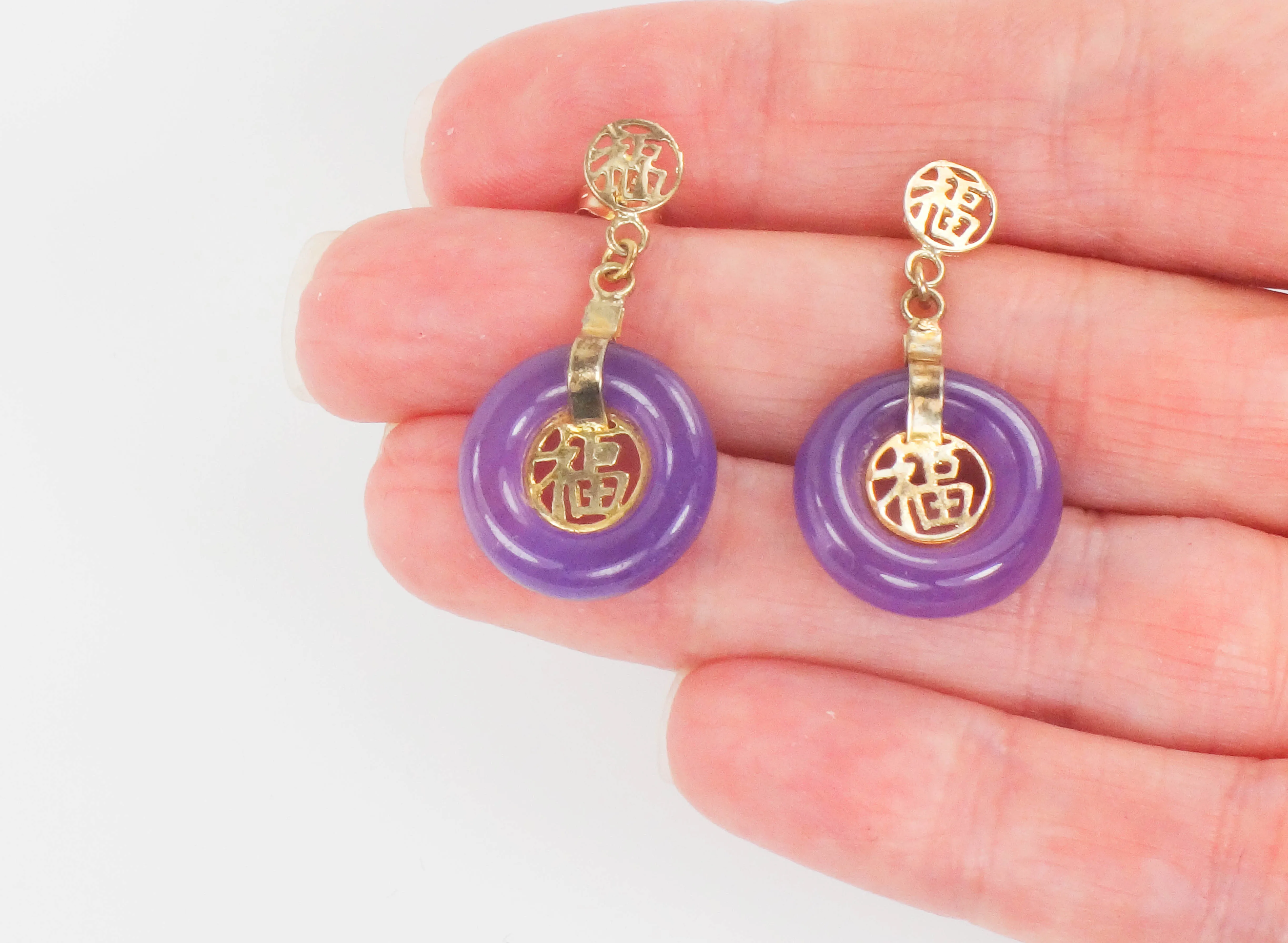 Vintage Gold Plated Silver Purple Lavender Jade Circle Dangle Earrings