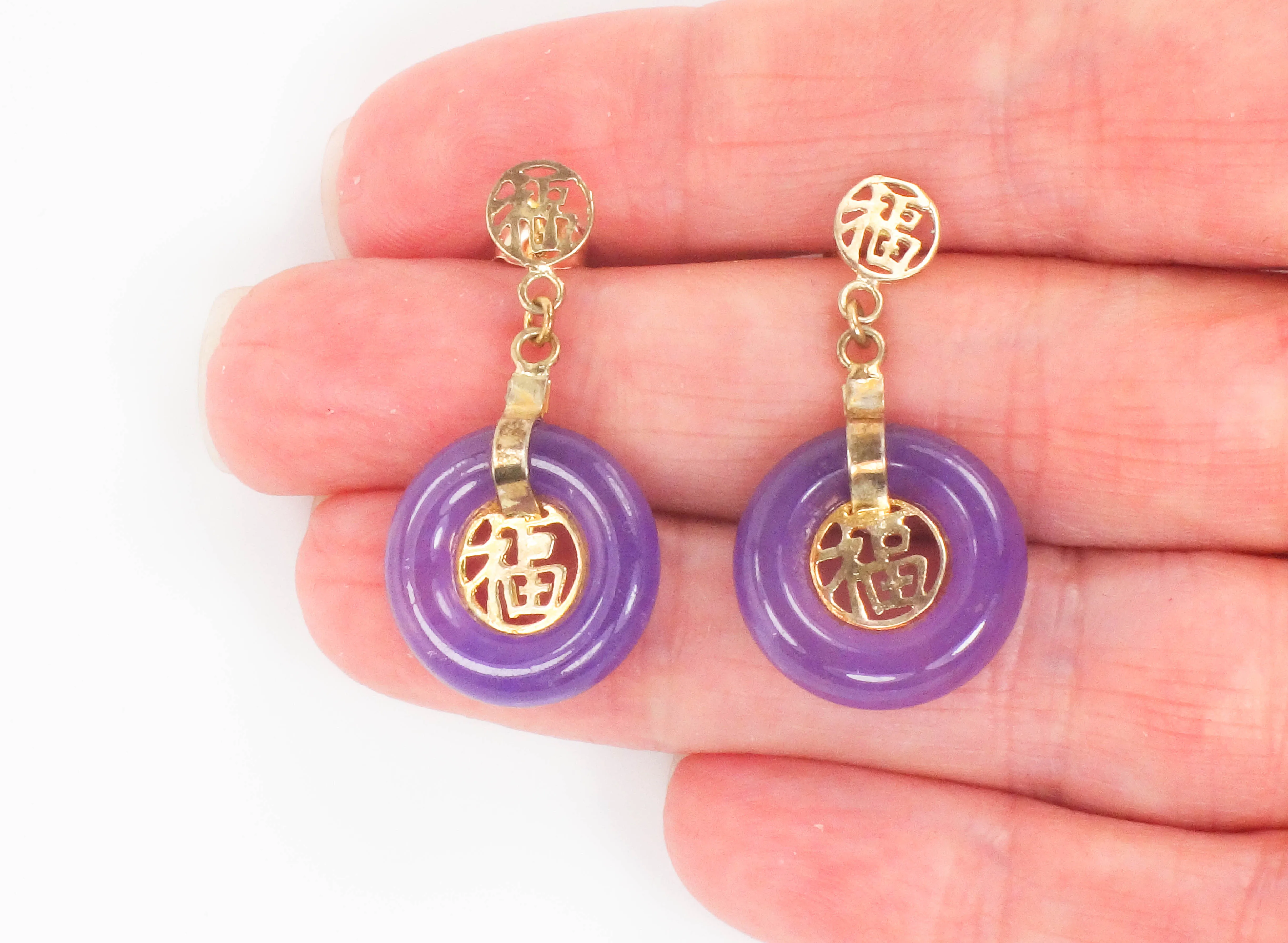 Vintage Gold Plated Silver Purple Lavender Jade Circle Dangle Earrings