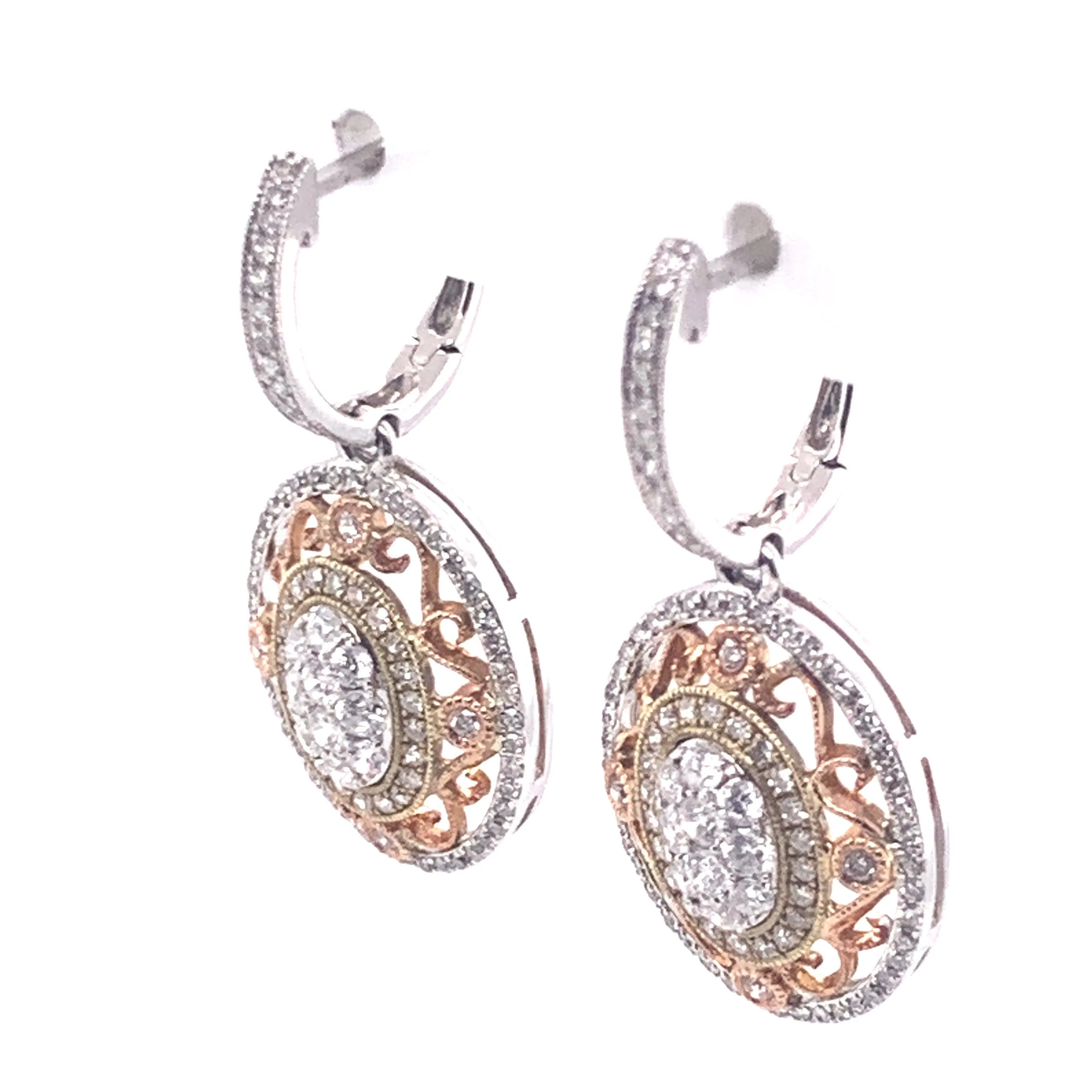 Vintage Style Diamond Tri-Tone Dangle Earrings