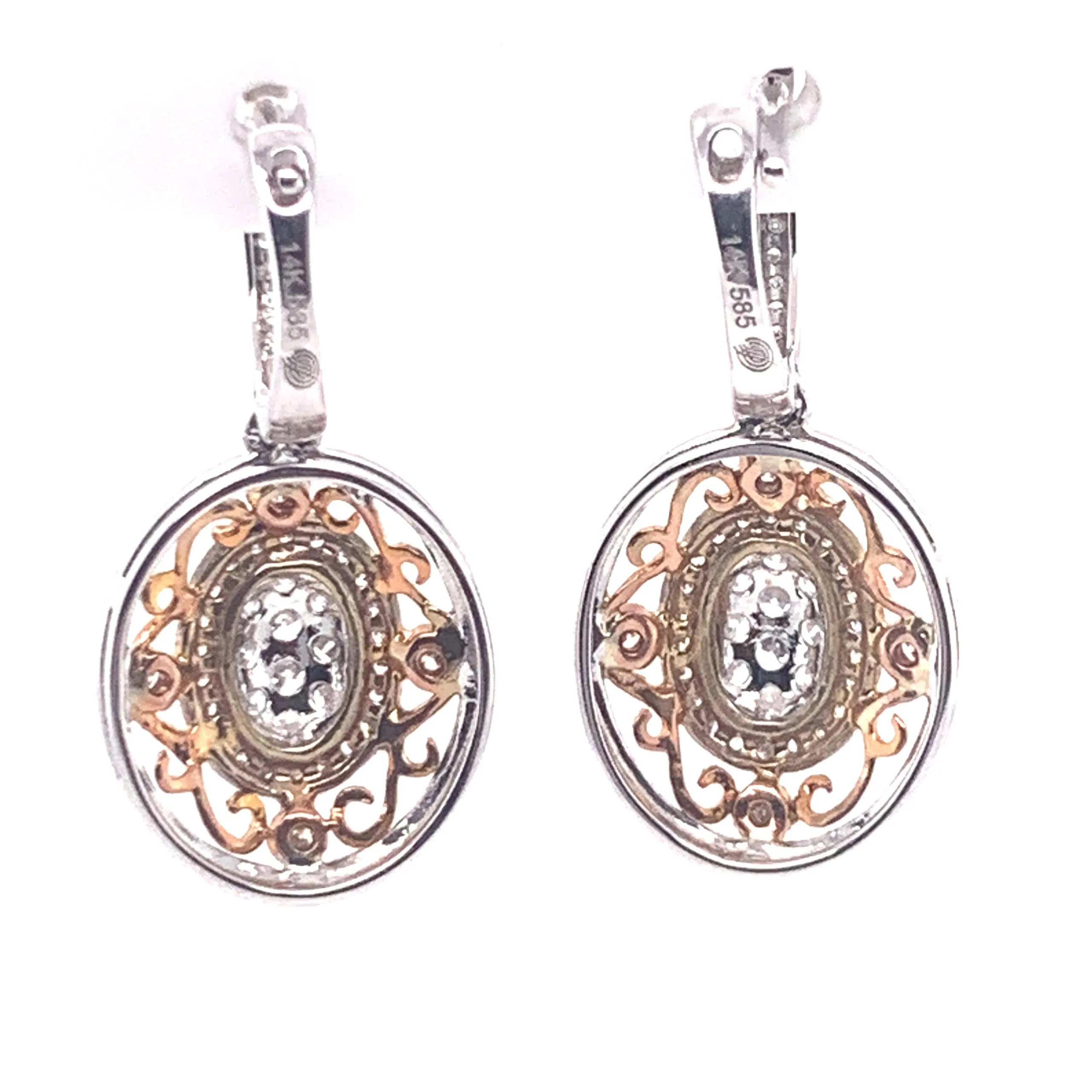 Vintage Style Diamond Tri-Tone Dangle Earrings