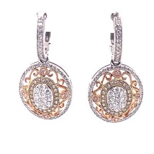 Vintage Style Diamond Tri-Tone Dangle Earrings