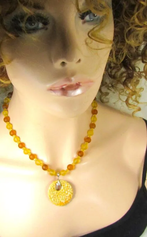 Yellow Beach Glass Bead Necklace with Handmade Artisan Pendant