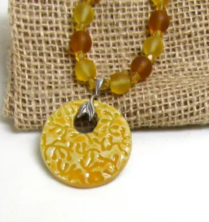 Yellow Beach Glass Bead Necklace with Handmade Artisan Pendant